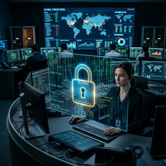 Cyber security professional monitoring threat intelligence screens